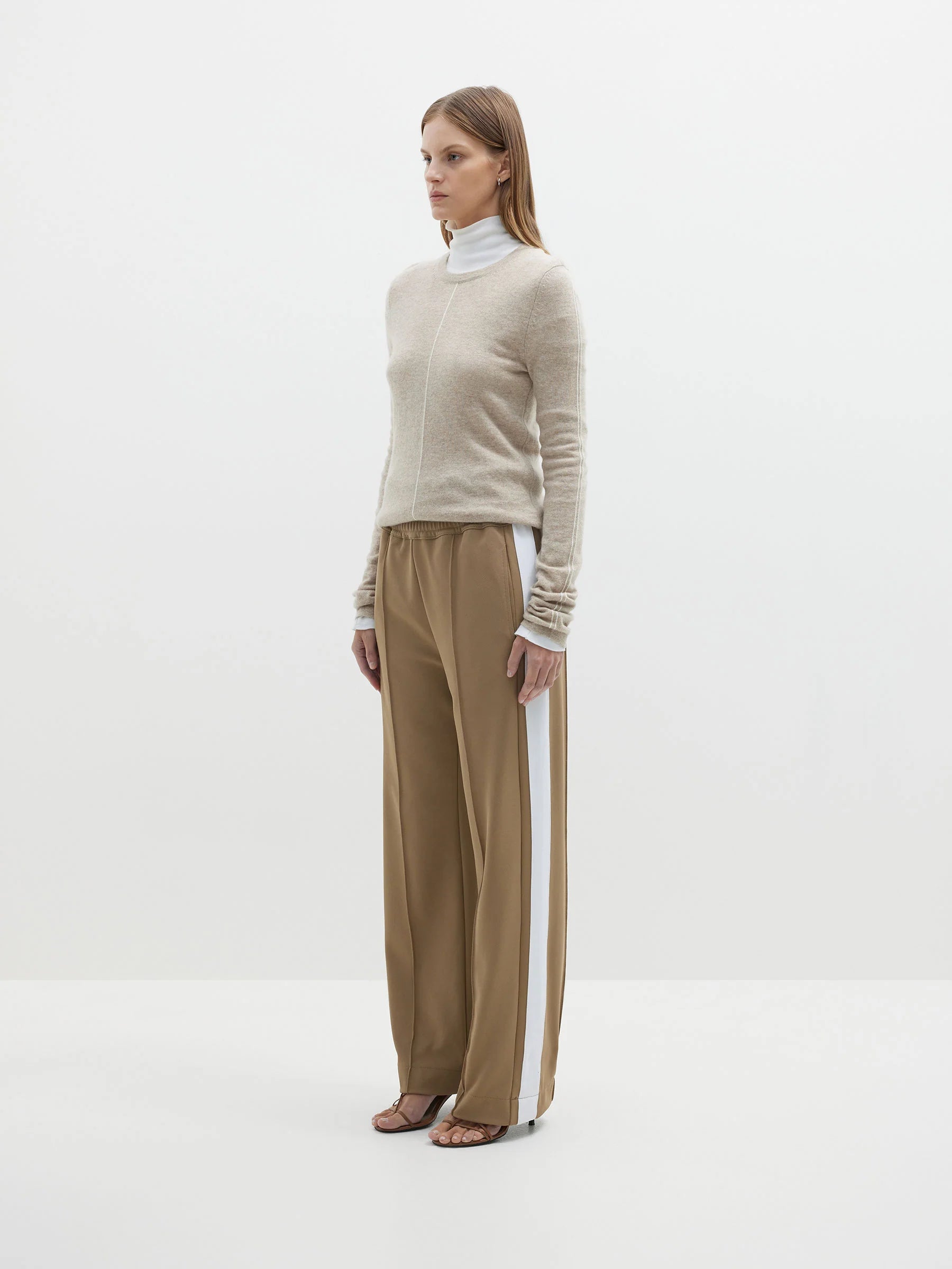 TWILL STRIPE DETAIL PANT - TAN/WHITE Trendy Work Pants