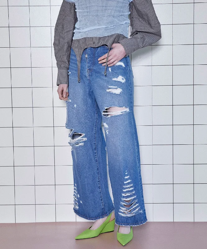 2way High Damage Denim Pants Classic Straight-Leg Pants