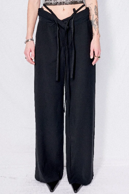 Black Double Fold Suit Pants Chic Faux Leather Pants