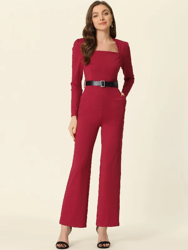 Elegant Square Neck Long Sleeve Wide Leg Pants Dressy Jumpsuit High-Waist Trousers
