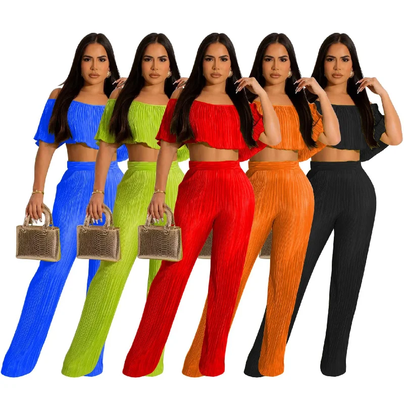 Wrinkle Spring and Summer Shoulder Long Pants Two-piece Set (CL11329) Chic Slim Fit Pants