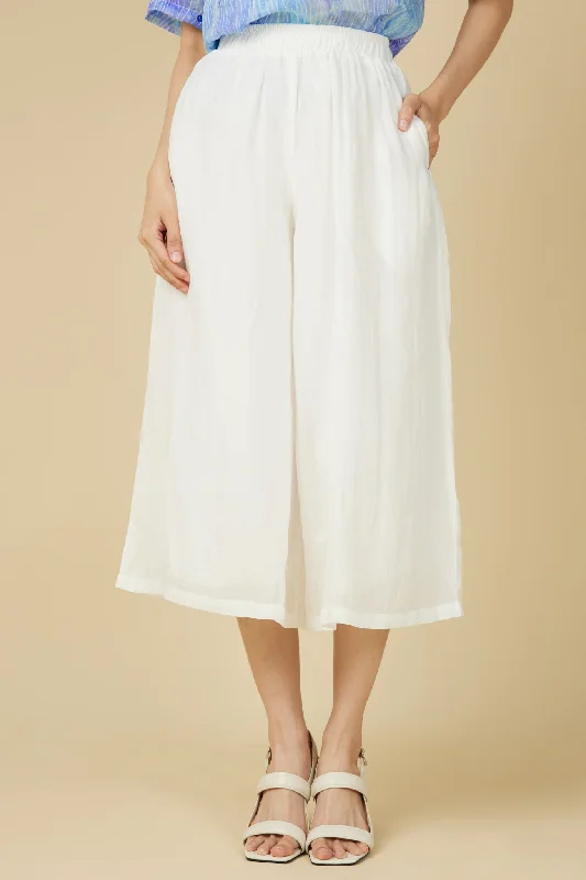 Ramie Skirt Pants in White Stylish Elastic Waist Pants