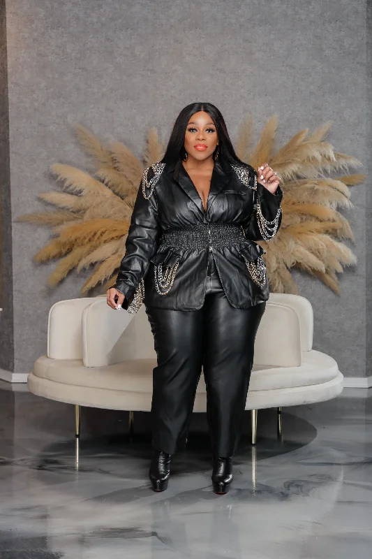 Black Swooping Chain Pant Suit Trendy Velvet Pants