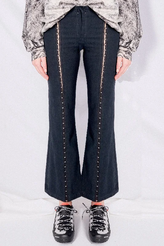Black Overdyed Denim Hook Front Flare Pant Fashionable Tapered Leg Pants