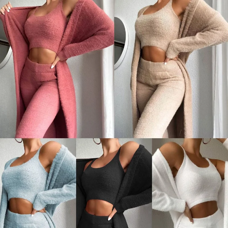 V-neck Plush Vest Pants Three-Piece Set（CL10894） Elegant Palazzo Trousers