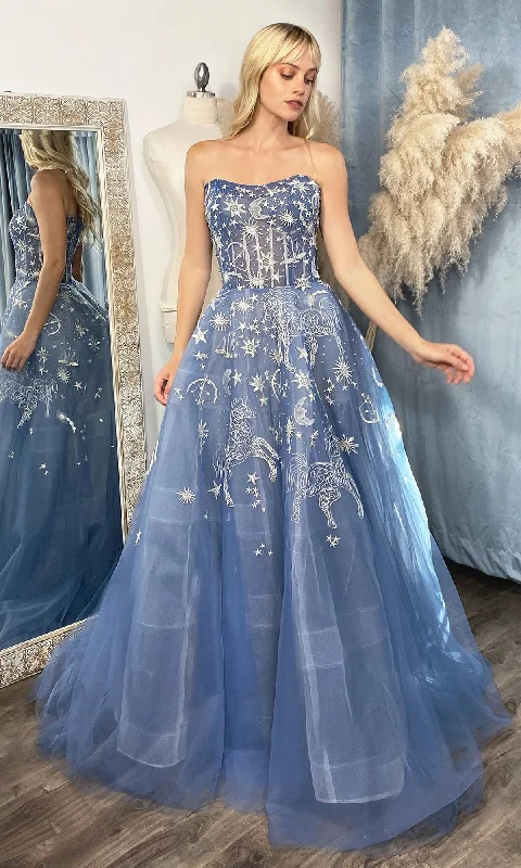 Constellation-Print Strapless Prom Ball Gown A0890