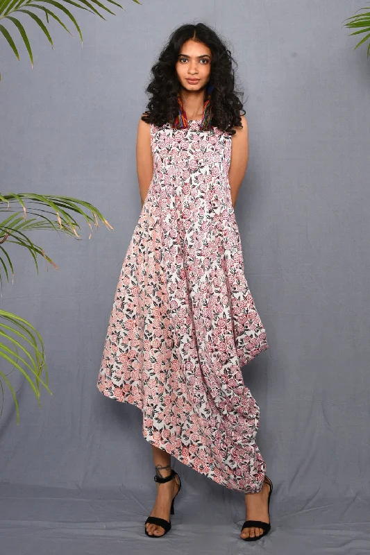Block Printed Marigold Draped Dress