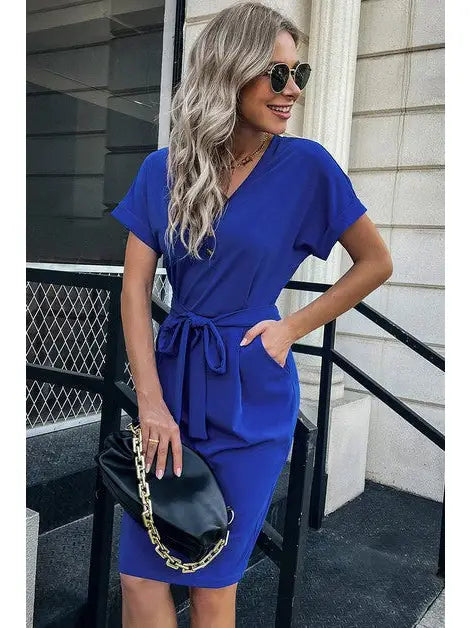 @: Charming Transformation Blue Belted V-Neck Dress