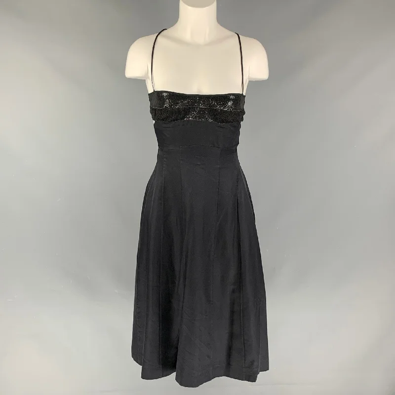NOT LISTED Size S Black Silk & Cotton Sequined Spaghetti Straps Cocktail Dress