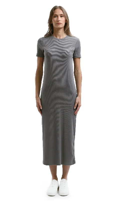 O189714 Regular Fit Dark Grey Ribbed Summer Dress