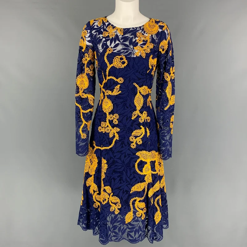 OSCAR DE LA RENTA Resort 2016 Size 4 Blue Yellow Cotton Blend Embroidered Cocktail Dress