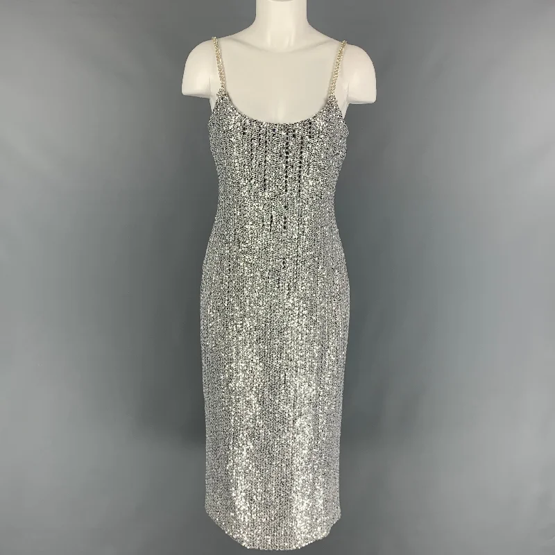 ST. JOHN Size 8 Silver Black Polyester Blend Knitted Cocktail Dress