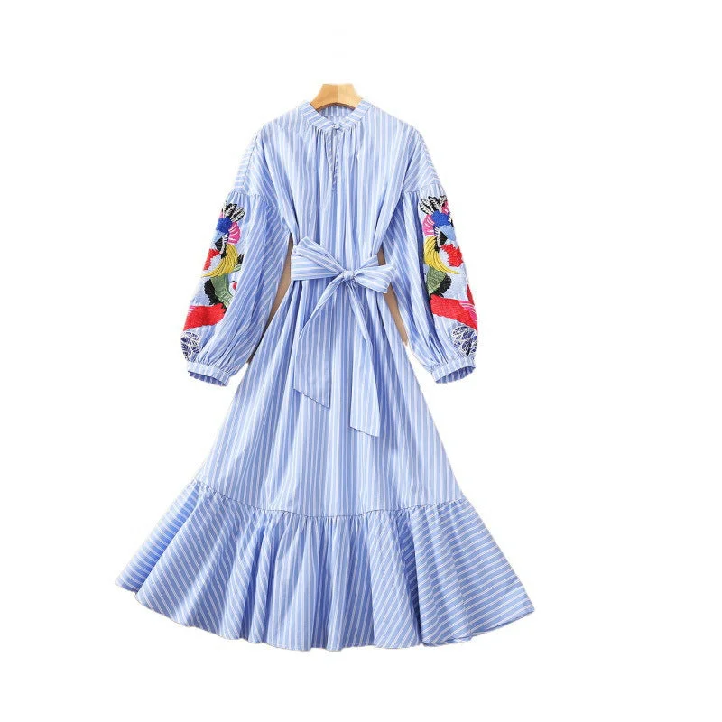 Summer Embroidery Lantern Sleeve Stripe Blue Dress