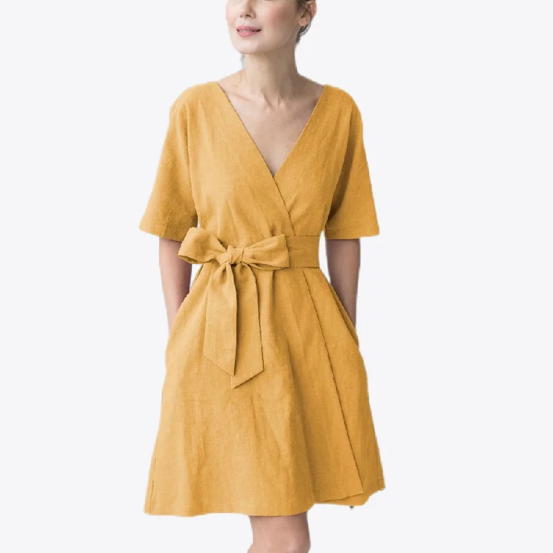 Sunny Sands V-Neck 100% Linen Womens Dress