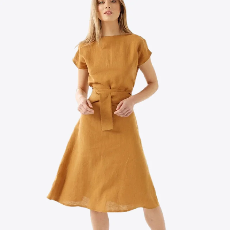 Tangerine Breeze Summer 100% Linen Womens Dress