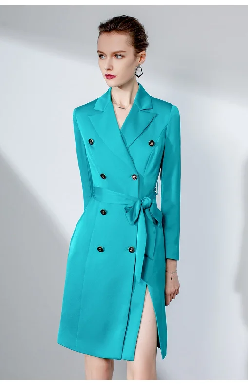 Teal V-Neck Double Breast High Split Dress