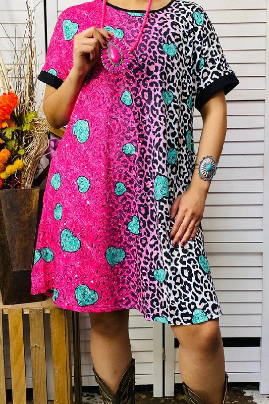 XCH14530 Paisley & Leopard & Turquoise heart printed dress