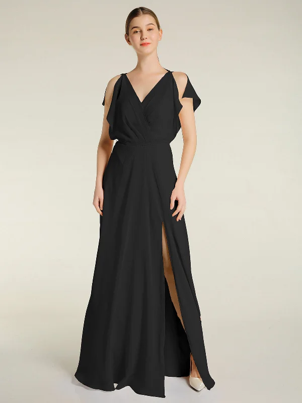 V Neckline Chiffon Maxi Dresses with Slit Black Comfortable Bohemian Maxi Dress