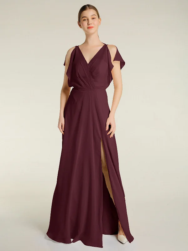 V Neckline Chiffon Maxi Dresses with Slit Cabernet Comfortable Flowy Maxi Dress