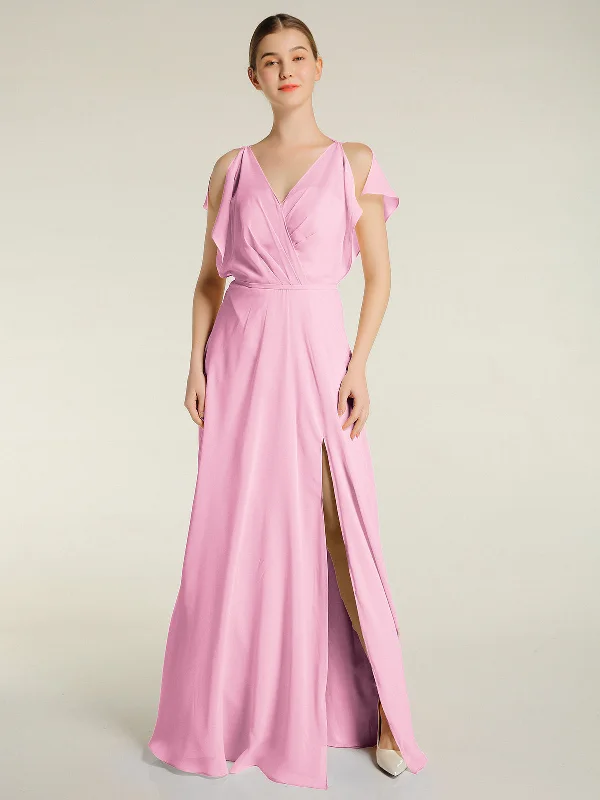V Neckline Chiffon Maxi Dresses with Slit Candy Pink Casual Maxi Dress with Pockets