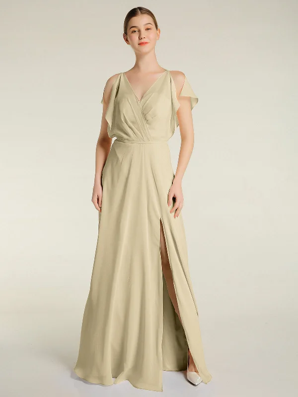 V Neckline Chiffon Maxi Dresses with Slit Champagne Fashionable Sheer Maxi Dress