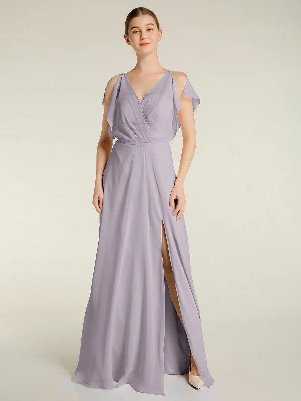 V Neckline Chiffon Maxi Dresses with Slit Dusk Cozy Longline Maxi Dress