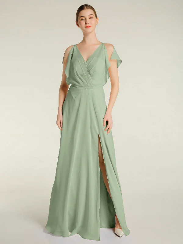 V Neckline Chiffon Maxi Dresses with Slit Dusty Sage Fashionable Faux Wrap Maxi Dress V Neckline Chiffon Maxi Dresses with Slit Dusty Sage Fashionable Faux Wrap Maxi Dress