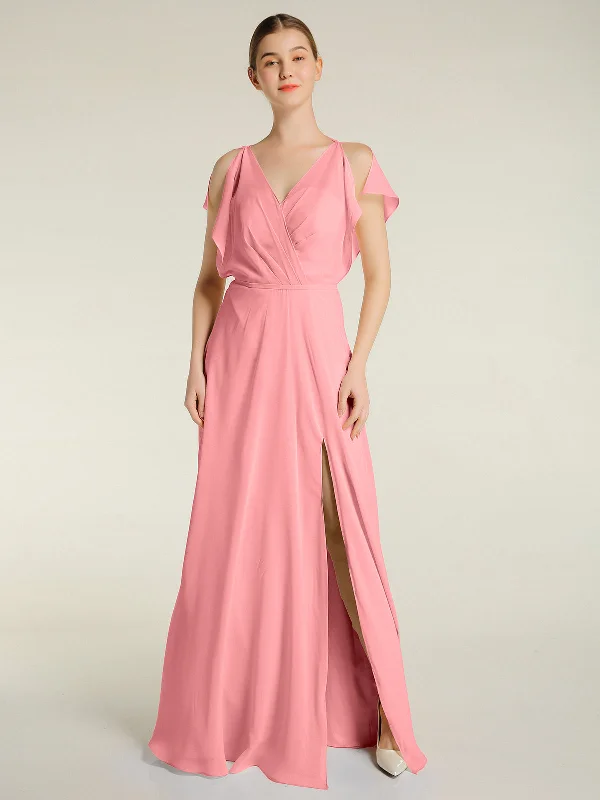 V Neckline Chiffon Maxi Dresses with Slit Flamingo Comfortable Maxi Dress with Sleeves