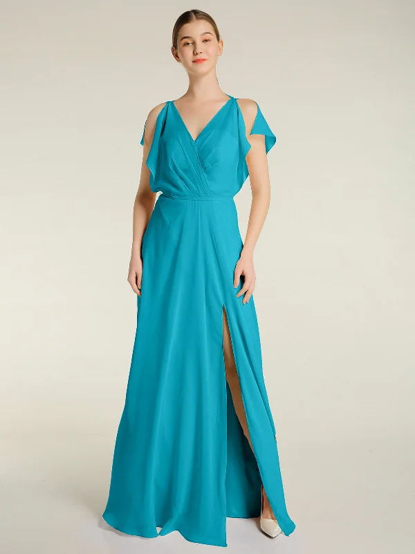 V Neckline Chiffon Maxi Dresses with Slit Jade Cozy Open-Back Maxi Dress