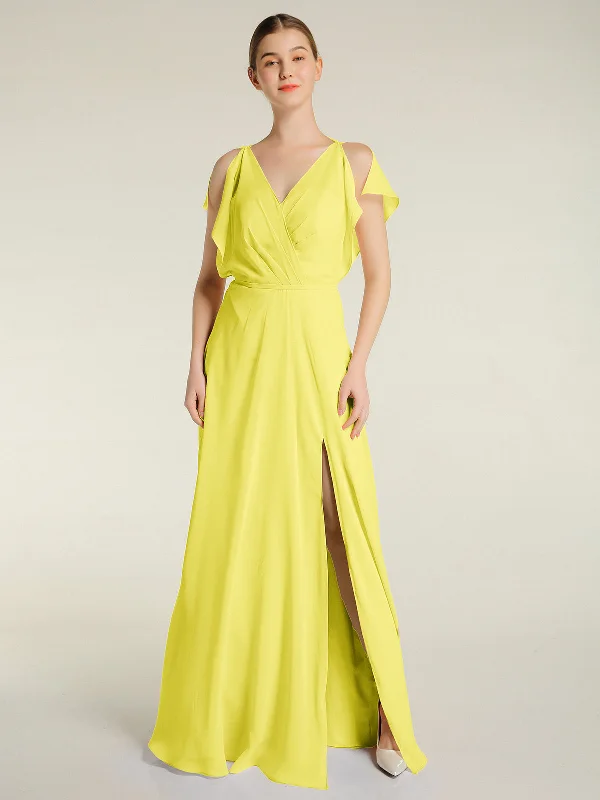 V Neckline Chiffon Maxi Dresses with Slit Lemon Classic Tulle Maxi Dress