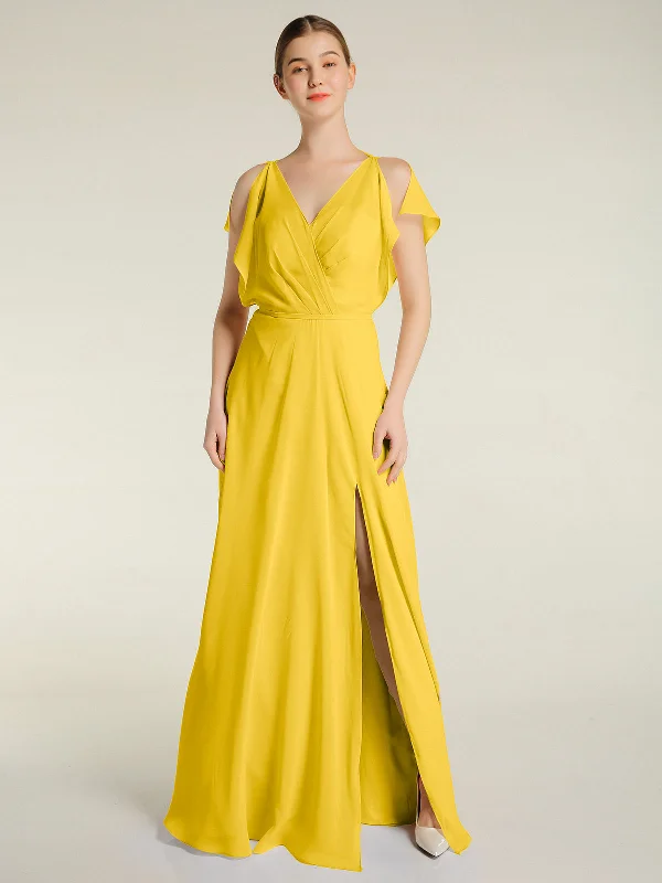 V Neckline Chiffon Maxi Dresses with Slit Marigold Stylish Empire Waist Maxi Dress