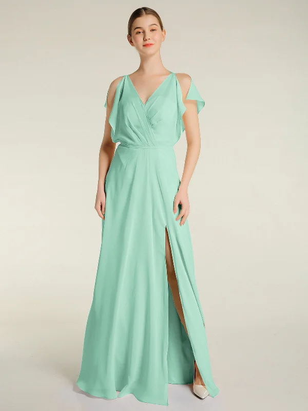 V Neckline Chiffon Maxi Dresses with Slit Mint Green Fashionable Open-Back Maxi Dress V Neckline Chiffon Maxi Dresses with Slit Mint Green Fashionable Open-Back Maxi Dress
