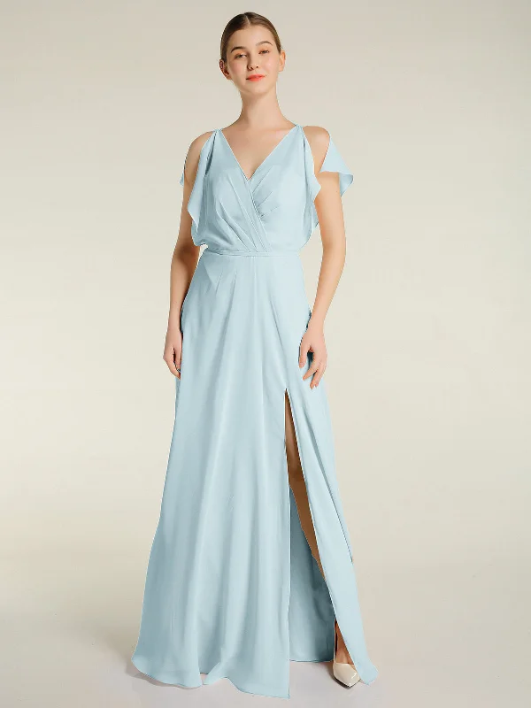 V Neckline Chiffon Maxi Dresses with Slit Mist Classic Strapless Maxi Dress