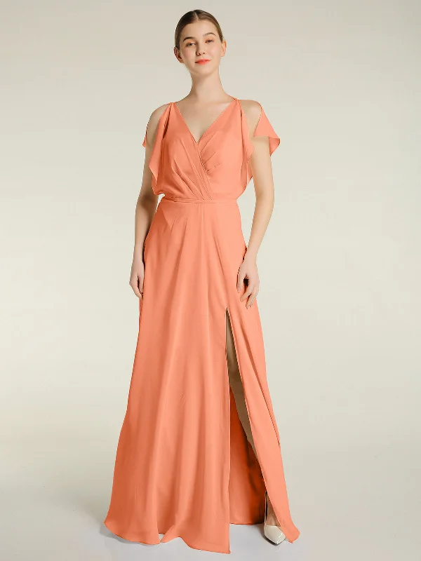V Neckline Chiffon Maxi Dresses with Slit Papaya Comfortable Satin Maxi Dress