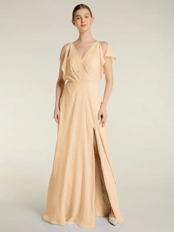 V Neckline Chiffon Maxi Dresses with Slit Peach Trendy Short Sleeve Maxi Dress
