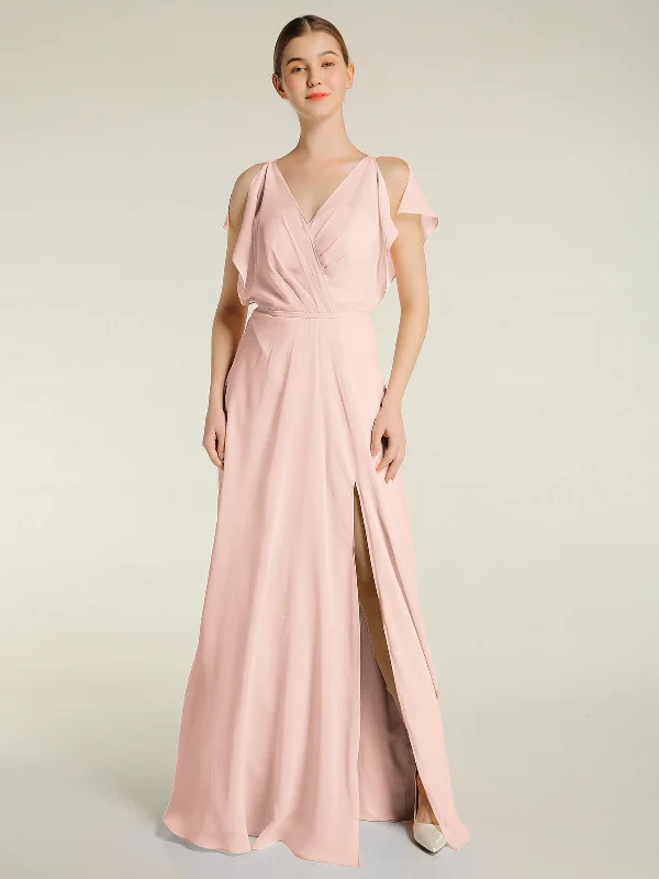 V Neckline Chiffon Maxi Dresses with Slit Pearl Pink Trendy Maxi Dress with Bow