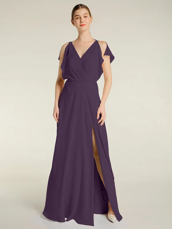 V Neckline Chiffon Maxi Dresses with Slit Plum Fashionable Maxi Dress with Fringe