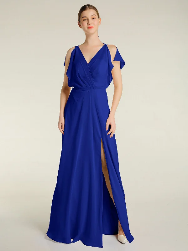 V Neckline Chiffon Maxi Dresses with Slit Royal Blue Casual Maxi Dress with Pockets