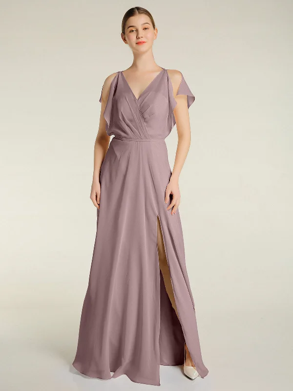 V Neckline Chiffon Maxi Dresses with Slit Vintage Mauve Stylish Empire Waist Maxi Dress