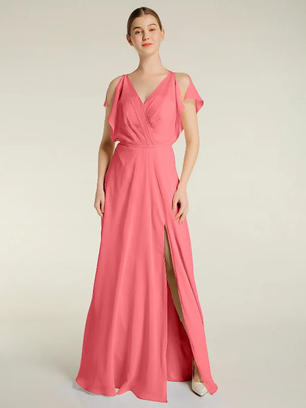 V Neckline Chiffon Maxi Dresses with Slit Watermelon Cozy Cold-Shoulder Maxi Dress
