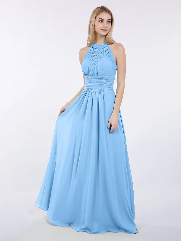 Halter Chiffon Maxi Dress of Bridesmaid Blue Stylish Boho Maxi Dress