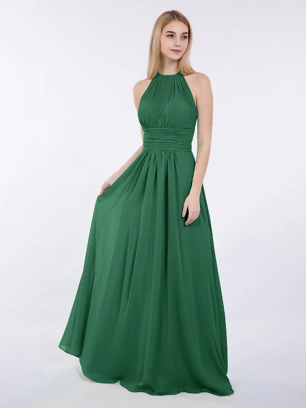 Halter Chiffon Maxi Dress of Bridesmaid Dark Green Stylish Longline Maxi Dress