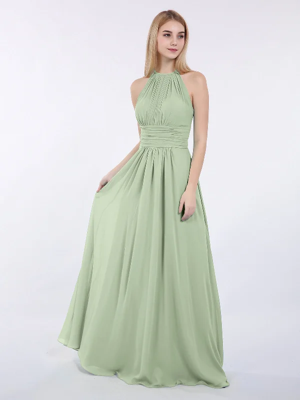 Halter Chiffon Maxi Dress of Bridesmaid Dusty Sage Elegant Maxi Dress with Drapes