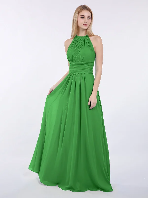 Halter Chiffon Maxi Dress of Bridesmaid Green Elegant Tiered Maxi Dress