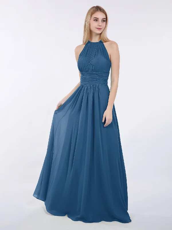 Halter Chiffon Maxi Dress of Bridesmaid Ink Blue Fashionable Off-Shoulder Maxi Dress Halter Chiffon Maxi Dress of Bridesmaid Ink Blue Fashionable Off-Shoulder Maxi Dress
