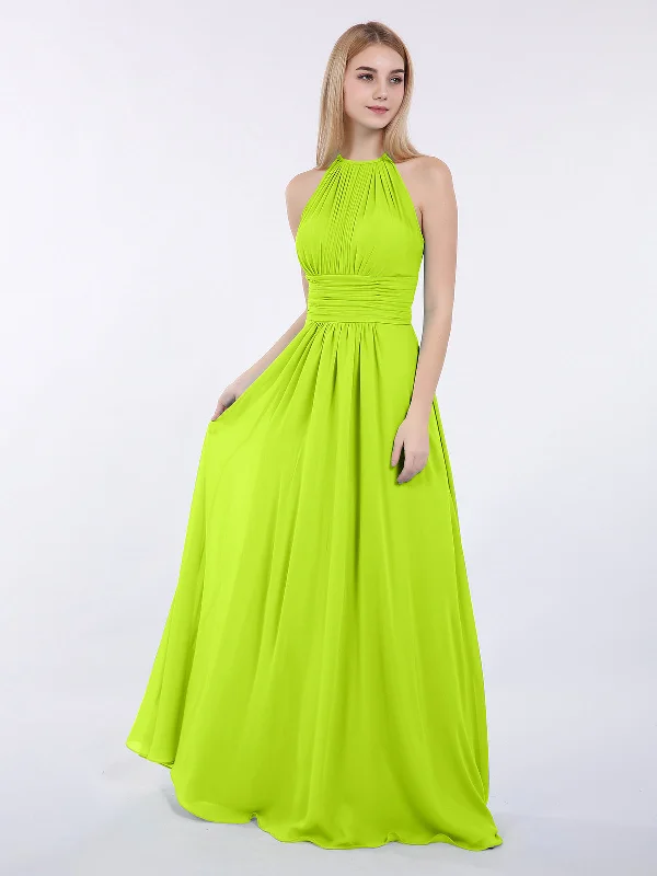 Halter Chiffon Maxi Dress of Bridesmaid Lime Green Classic Solid Maxi Dress
