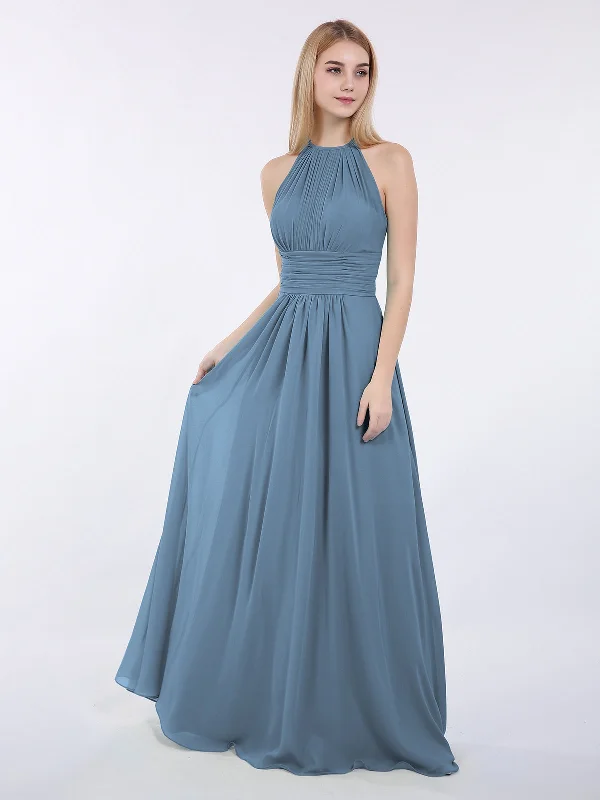 Halter Chiffon Maxi Dress of Bridesmaid Slate Blue Trendy Maxi Dress with Straps