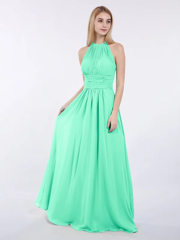 Halter Chiffon Maxi Dress of Bridesmaid Turquoise Fashionable Sleeveless Maxi Dress
