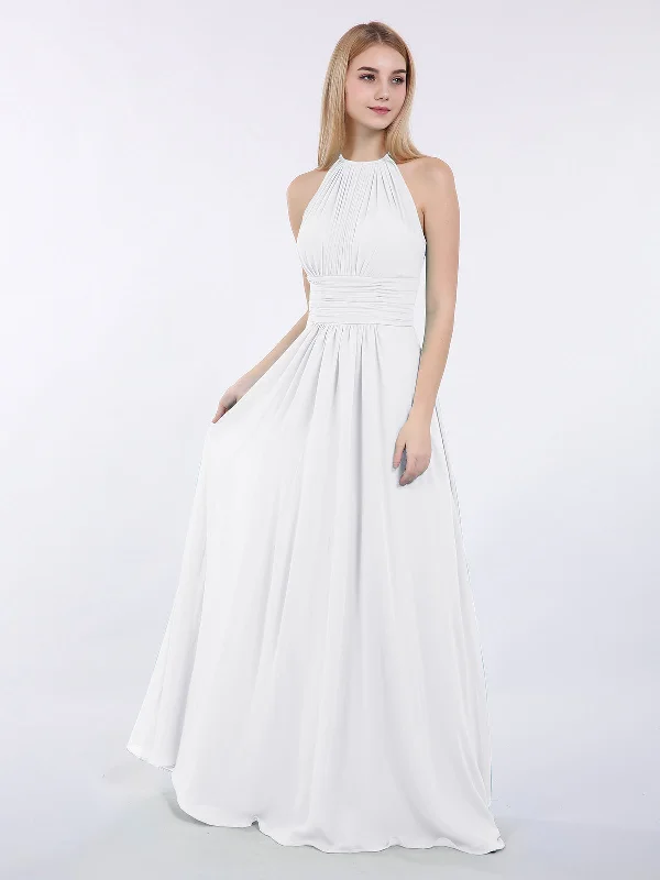 Halter Chiffon Maxi Dress of Bridesmaid White Elegant Maxi Dress with Pockets