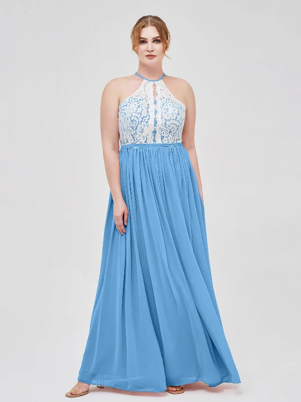 Halter Maxi Dress with Ivory Lace Bodice-Blue Comfortable Maxi Dress with Sleeves
